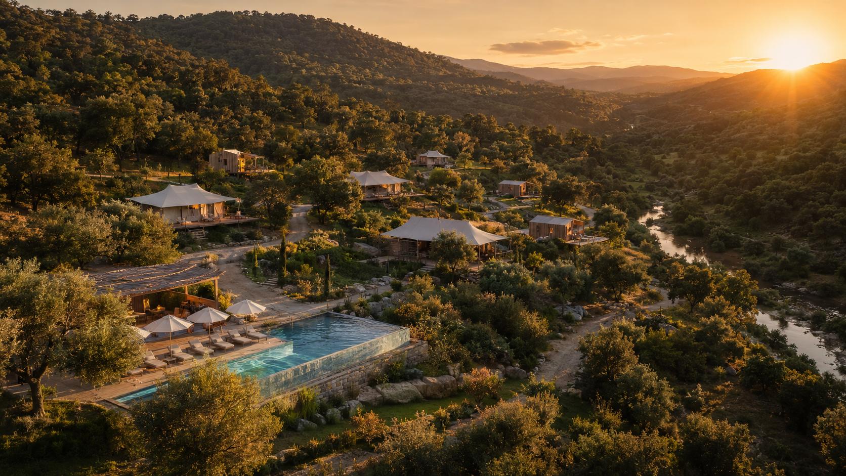 Luchtfoto van Quinta da Luz tussen de heuvels van de Algarve bij gouden licht