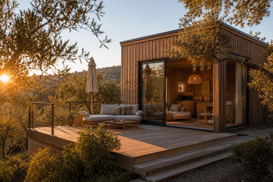 Tiny house van hout met deck en loungebank bij zonsondergang